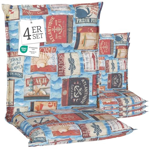Beo® Turin Niedriglehner Gartenstuhl-Auflagen | 4er Set Sitzkissen Outdoor | Waschbar, Atmungsaktiv, UV-beständig | Made in EU, Öko-Tex Standard | Extra Dicke Polsterauflage