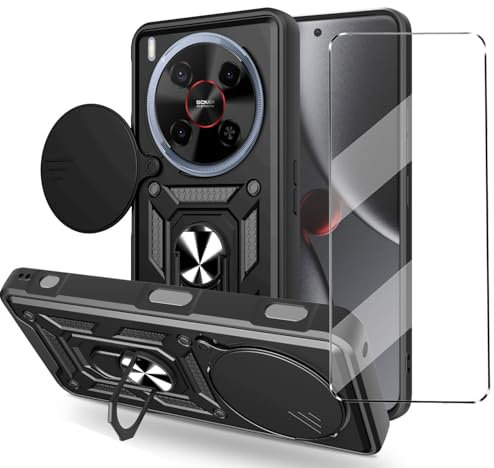 HuiYouMY Outdoor hülle mit Glas 1Pcs für ZTE Blade V70 Max 4G Folie, Kameraschutz Case mit 360 Grad Ring Ständer Stoßfesthülle schutzhülle schutzfolie schutzglas Folie handyhülle Black