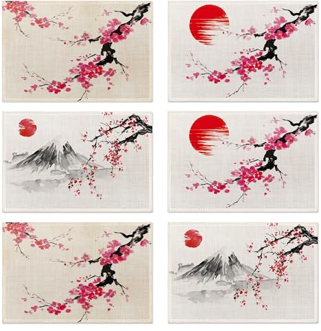 Lot de 6 sets de table japonais en fleurs de cerisier antidérapants, résistants à la chaleur, lavables pour fête, cuisine, salle à manger, décoration d'intérieur et d'extérieur