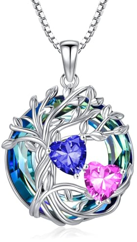 TOUPOP s925 Sterling Silber Familie Baum des Lebens Anhänger Halsketten mit 2 Herz Geburtsstein mit Kristall Kette Schmuck Geburtstag Weihnachten Geschenke für Frauen Sie