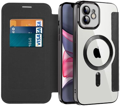 IMIRST Case for iPhone 11 Compatible with MagSafe, WD Black | 3 Card Holder,RFID Blocking,Premium Leather Folio Flip Wallet Cover,Magnetic Clear Shockproof TPU,for Women Men