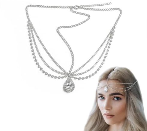 UZYXC 1x Haarkette Silber für Frauen, Festival Diadem mit Kristall, Boho Kopfschmuck für Hochzeit Braut Alltag, Geschenkidee Party, Braut Hochzeit Strand Party Geschenk (Kopfkette, Tiara, Haarschmuck)