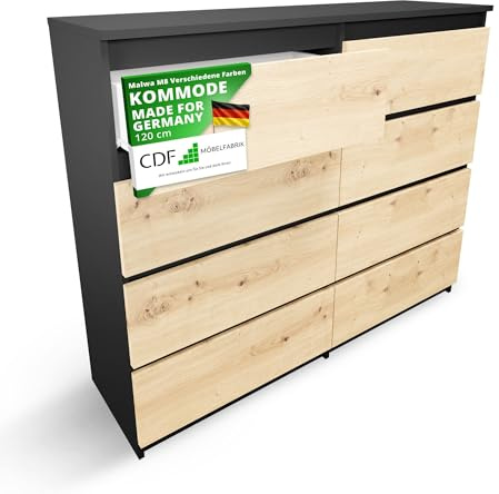 CDF Kommode Anthrazit Artisan mit 8 Schubladen 40 cm Tief Komodenschrank Komode für Wohnzimmer Schlafzimmer Schubladenschrank Malm Kommode viel Stauraum Geeignet Organizer Kleidung 120cm Breite Modern