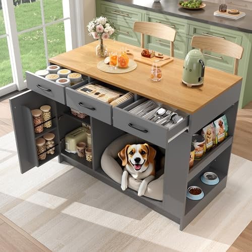 Soweiz Kücheninsel, Schrank mit 3 Schubladen, 1 Gewürzablage, verstellbare Regalplatte, 120x60x90 cm, grau