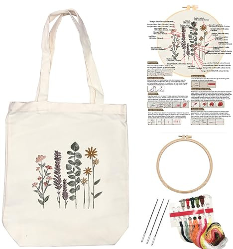 KEKEMEOW Stickerei Set für Leinwand Tasche Handgemachte Kit mit weißen Wildblume Kreuz Stich Erwachsene Hoffnung, Farbe Fäden und Werkzeuge
