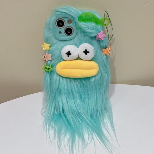 Aeilene Green Furry Ugly Phone Case Compatible with iPhone 17, Cute DIY Long Hair Funny Thick Mouth Warm Plush Cases, 3D Cartoon Silly Fuzzy Winter Protective Cover for Women Girls