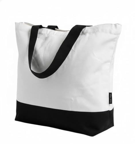 ELES VIDA® Baumwolltasche 48x38x12 cm PREMIUM - Weiß - OEKO-TEX® | Zertifiziert - Uni Tasche, hochwertige Stofftasche, Baumwollbeutel, Einkaufstasche, Jutebeutel, Stoffbeutel Black & White
