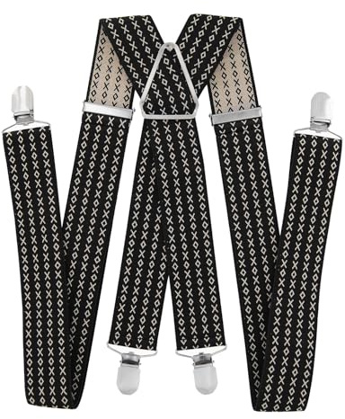 axy Hosenträger für Herren breit 3,5 cm in X-Form mit 4 Hosenträger Clips extra stark längenverstellbar 35mm (Schwarz-Kreuzmuster)