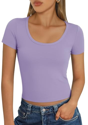 Cuptacc Shirt Damen Kurzarm U-Ausschnitt Slim Fit Elegant Oberteile Basic Tshirt Damen Stretch Helllila Vielseitige T-Shirt Sommer Crop Top Helllila S Klein