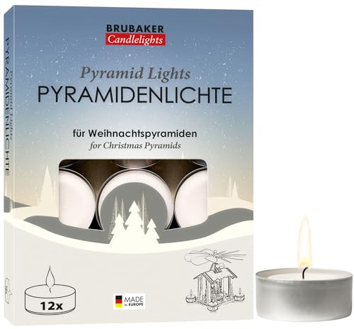 BRUBAKER Pyramiden-Teelichter 12er Pack - Pyramidenlichte aus Paraffin mit Metallhülle - Ideal für Weihnachtspyramiden & Weihnachtsdeko - Lange Brenndauer & Extra Große Flamme