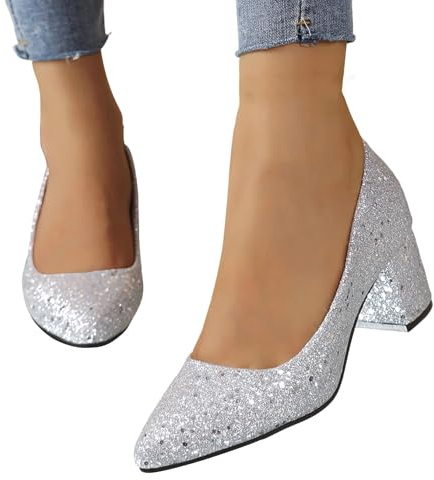 EQWIGKEIT Glitzer Schuhe Damen Pumps Mit Absatz Absatzschuhe Geschlossene Gesellschaftstanzschuhe Bequeme Brautschuhe Elegant Blockabsatz Festliche Hochzeitsschuhe Tanzschuhe