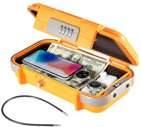 GREENSAPPIRE Portable Safe Box with 4-Digit Code, Waterproof & Anti-Theft Travel Lock Box, Mini Combination Security Safe with Removable Steel Cable for Beach, Car, Office, Hotel & Vacation (Orange)