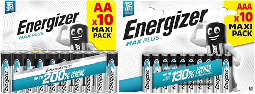 Energizer Max Plus - AA and AAA Batteries (20 Pack) - Double A Performance Alkaline Battery 1.5V - For High Drain Devices - 0 Plastic Packaging - 15 Year Shelf Life (AA) - 12 Year Shelf Life (AAA)