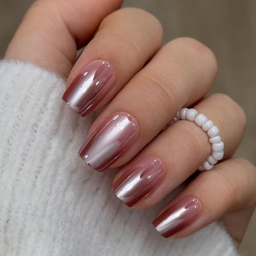 CurvLife Short Square Ombre Press On Nails, Ombre Chrome, Soft Gel | 32PCS in 16 Sizes, Salon-Quality Fake Nails, Curved Fit, Glue-On Nails with 7-14 Day Wear, Reusable Stick-On Nails