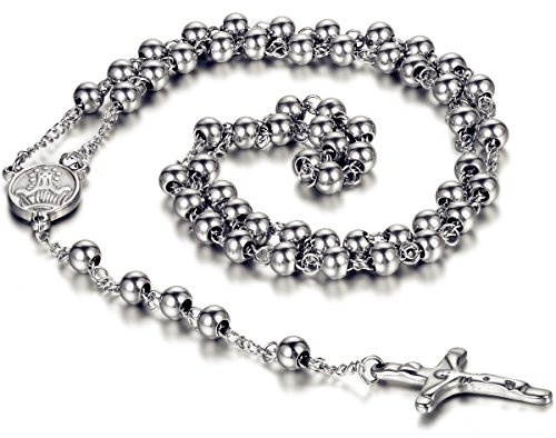 Flongo Rosenkranz Männer Kette Frauen Halskette aus Edelstahl mit Jesus Kreuz Anhänger Kugelkette Silber Schwarz Rose Gold