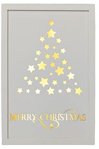 Hellum LED Bild aus Holz, Weihnachtsbaum beleuchtet mit Leuchtbuchstaben Merry Christmas, weiß, 10 warm-weiße LED Hängen oder Stellen Weihnachtsdeko Adventsdeko Wohnzimmer 20x30x2,5cm, 521689