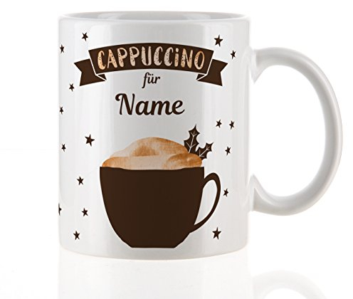 Herz & Heim® Cappuccino Tasse mit Aufdruck des Wunschnamens für die Winterzeit
