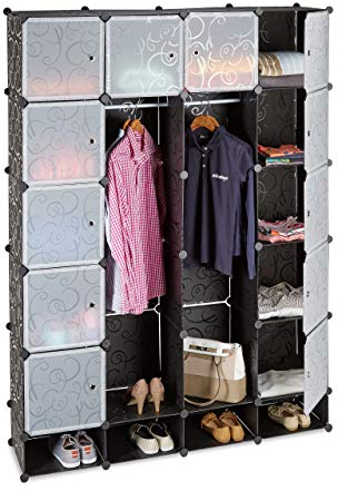 Relaxdays Kleiderschrank Stecksystem mit 18 Fächern, Kunststoff, XXL Garderobenschrank m. Muster, 145 x 200 cm, schwarz