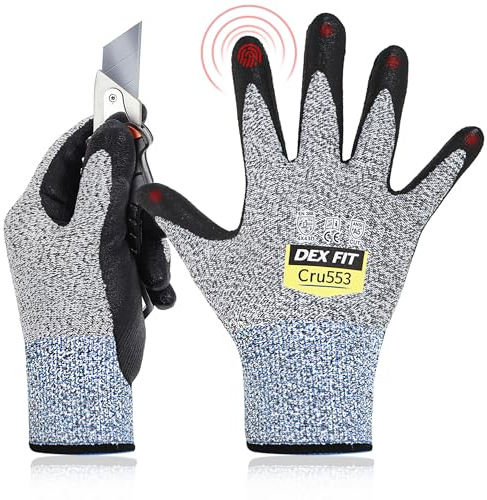 DEX FIT Cru553 Guanti Anti Taglio Livello 5-3D Fit, Presa Antiscivolo in Nitrile, Leggeri e Traspiranti, Resistenti, Touchscreen, Lavabili; Grigio 9 (L) 3 Paia
