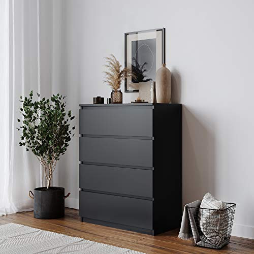 URBNLIVING 4 Or 5 Drawer Skagen Wooden Bedroom Chest Cabinet No Handle Storage Cupboard Modern (Black Carcass + Black Drawers, 4 Drawers)