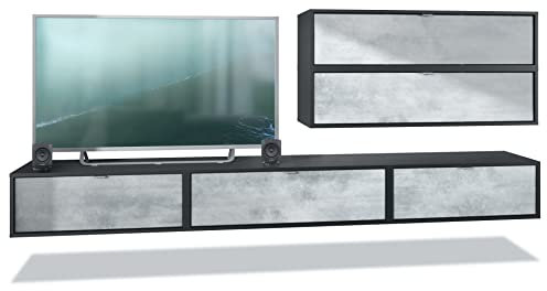 Vladon Wohnwand Lana V2 Anbauwand aus 5 Hängeelementen mit 12 Fächern, Made in Germany, Korpus in Schwarz matt, Fronten in Beton Oxid Optik | Große Farbauswahl