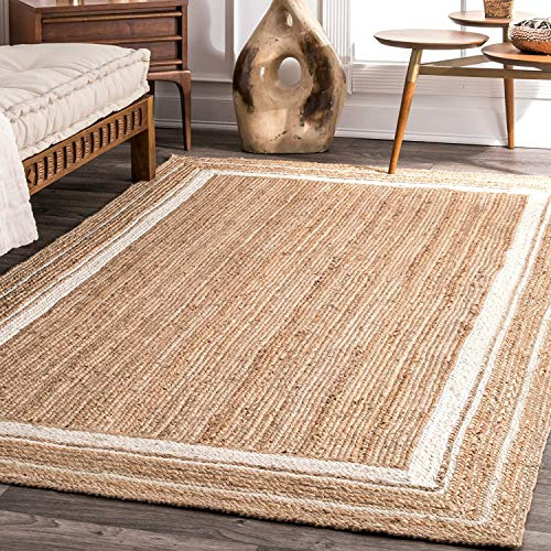 Ripaz Tapis rectangulaire en Jute tissé à la Main avec Ligne Blanc cassé 150 x 210 cm