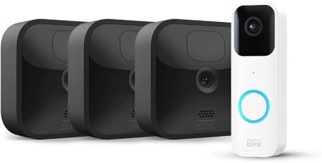 Blink Outdoor with two-year battery life | 3-Camera System (Black) + Blink Video Doorbell (White) | HD Smart Security camera, motion detection, Alexa enabled