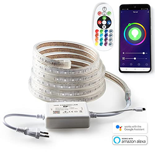 Tira Led 220v RGB con Alexa y Google Home. WIFI (App) y Mando a distancia 16 colores IMPERMEABLE IP67 Waterproof IP67 Strip (1 Metro)
