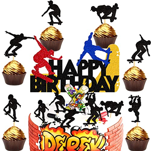 Skateboard Cake Topper Doyomtoy 15 Stück Cake Topper Happy Birthday Skateboard Kuchen Topper Skateboard Tortendeko für Junge Geburtstagsparty Dekoration