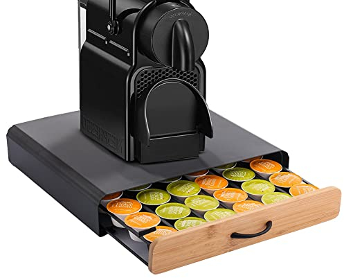 Bakaji Contenedor porta cápsulas y monodosis de café compatible con todos los tipos de marcas de metal negro cajón extraíble de madera 36 x 33 x 7 cm