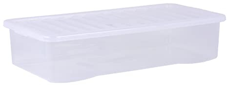 Wham Crystal 42L Long Under Bed Plastic Storage Boxes With Lids - Pack of 5. Clear, Large, Long, Strong, Stackable, Nestable (5x 42 Litre) Made in UK