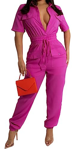 Damen Elegant Jumpsuits Elegante Langarm Gerade Lange Hose Strampler mit Taschen, Rose Red10923, Small