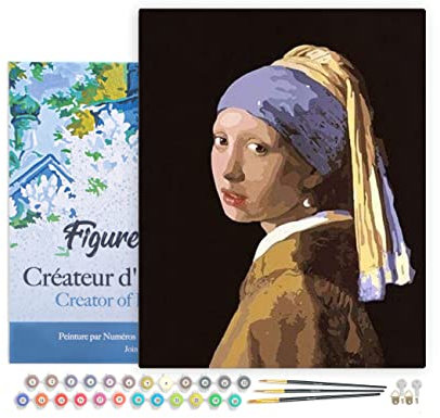 Figured'Art Peinture par Numéro Adulte avec Cadre Vermeer La Jeune Fille à la Perle - Activité Manuelle Kit de Loisir Créatif DIY Numéro d'Art Complet - 40x50cm toile tendue sur châssis