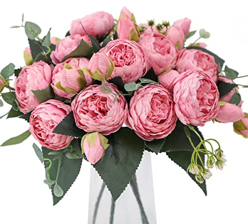 Veryhome 4 Bündel Künstliche Blumen Pfingstrose Seide Pfingstrosen Sträuße Gefälschte Blumen Blumensträuße Hochzeitsdekoration Home Tisch Küche Büro Garten Brautgrün (Rosa)