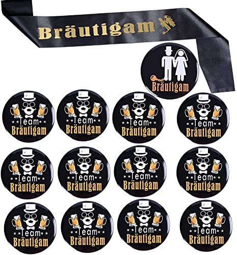 14Pcs JGA Deko Männer,Bräutigam Schärpe Abzeichen Bräutigam mit 12 Team Bräutigam Buttons,Junggesellenabschied Lustige Geschenkidee Bräutigam Junggeselle Geschenk Bachelor Party Witziger Scherzartikel