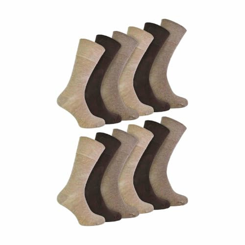 IOMI - 12 Pair Multipack Mens Diabetic Bamboo Socks | Extra Wide Seamless Socks with Non Elastic Gentle Grip Top (6-11, Brown)
