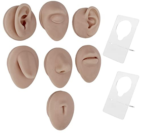 Realistisches 3D Silikon Piercing Modell flexibel für Anfänger Übung Training Praxis Ohr Lippe Nase Körpermodell dunkle Hautfarbe Modell mit Ständer für Piercingpraxis und Training