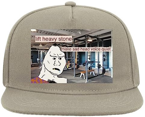Wojak Gym Meme Lift Heavy Stone Make Sad Head Voice Quiet 5 Panel Snapback Flat Visor Cap Hat Baseballmütze Grau