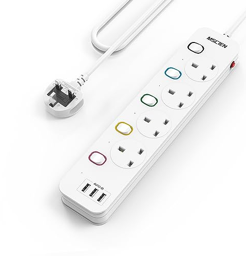 Mscien 4M Extension Lead with USB Slots, 4 Way 3 USB Extension Socket with Individual Switches Mountable Power Strips with 4 Meters Extension cable 3250W