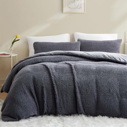 AShanlan Winter Feece Bettwäsche 135x200 4teilig Cashmere Touch Super Warme Sherpa Bettbezug Flauschig Teddy Fleece Flanell Deckenbezug mit Reißverschluss und Kissenbezug 80x80 cm Dunkelgrau