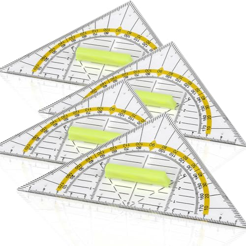 INGJIA Geodreieck mit Griff, 4 STK Zeichendreieck Winkelmesser 2 Funktionen 14cm Lineal Ruler aus Kunststoff Durchsichtig Rrotractor Bruchsicher Büro Mathe Schulset Schreibwaren für Studenten Kinder