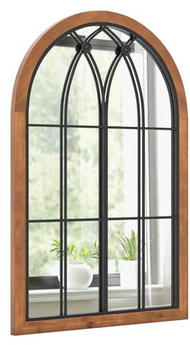 HOMASIS Espejo de pared curvado con aspecto de ventana, 60 x 90 cm, espejo decorativo con marco de madera y metal, espejo colgante vintage, espejo decorativo para ventana, espejo decorativo retro para