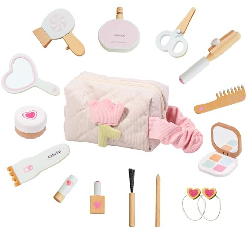 Kids Wooden Makeup Set for Girls, Pretend Play Hair Salon Beauty Vanity Kit | 16 Pcs Role Play Makeup Playset with Styling Tools & Cosmetics Bag, Safe Educational Toys & Gifts for Kids Age 3 4 5 6