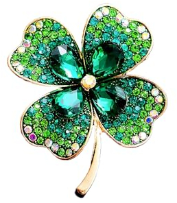 Broche trèfle à 4 feuilles avec strass brillants pour la Saint-Patrick, Métal