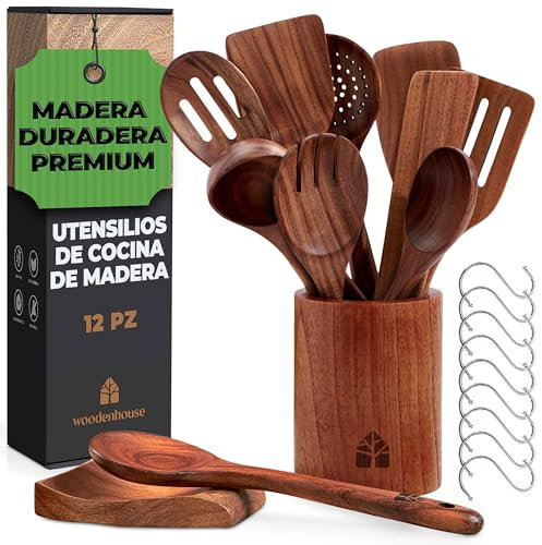 Wooden Spoons Cooking Utensils - Teak Wooden Utensil Set of 12 Pcs with Holder, Spoon Rest & Hanging Hooks, Non-Stick and Heat Resistant Kitchen Accessories by Woodenhouse