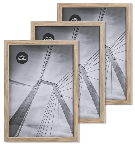 lincoolart Bilderrahmen 40x60 cm Holz Fotorahmen,Eiche MDF Rahmen mit Bruchsicherem Acrylglas - 3er Set für Poster, Fotos & Wanddekoration