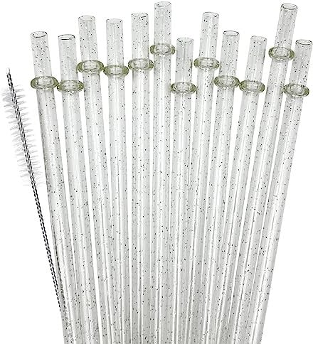 SUNDEE Reusable Plastic Straws, Glitter Straws Reusable Drinking Straw Thick BPA-Free Glitter Drinking Straw Accessories, Set of 12 Pcs Colorful Straw with Cleaning Brush - Clear