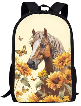Binienty Schulrucksack für Kinder, Jungen, Mädchen, Teenager, leicht, Büchertasche, Laptop-Rucksack, lässiger Tagesrucksack, Schmetterling, Sonnenblume, Pferd, Einheitsgröße