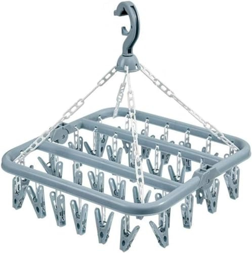 Clothes Drying Hanger with 32 Clips and Drip Foldable Hanging Sock Rack,Multifunction clothes drying rack,Rotary Wind-sock hanger for washing line,for Socks, Underwear, Bras, Baby Clothes (Blue)