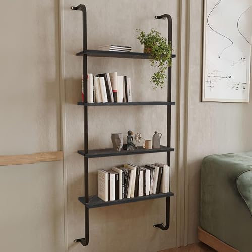 URBNLIVING 4-Shelf Wall Mounted Wooden Bookshelf with Sturdy Metal Frame, Perfect Display Unit for Living Room, Modern Design, Ideal for Books and Decorative Items (Black Marble)